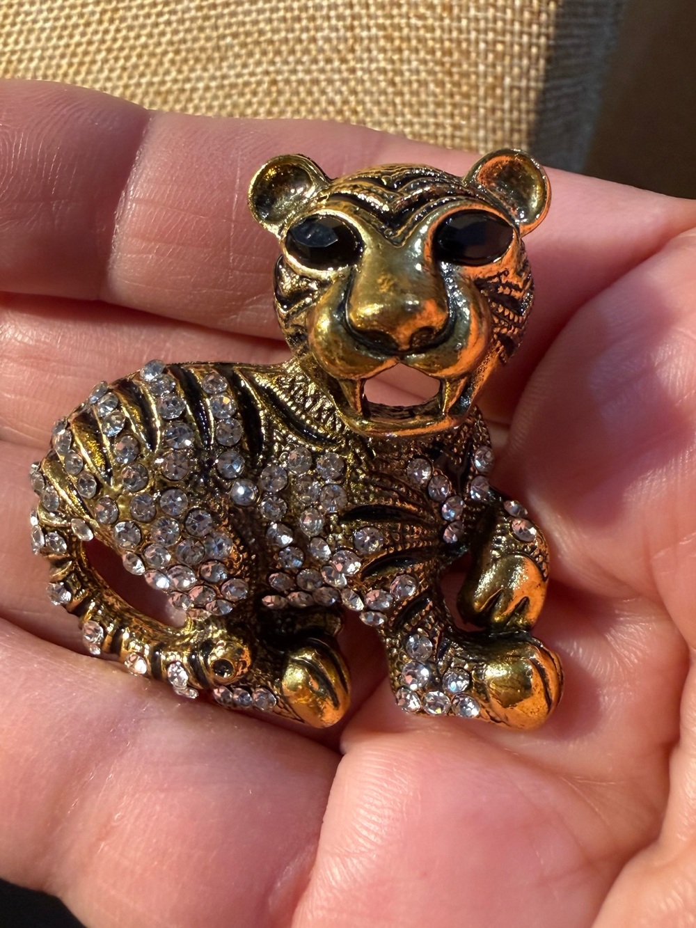 Gold Tiger Brooch with Clear Crystal Accents - Women's Jewelry